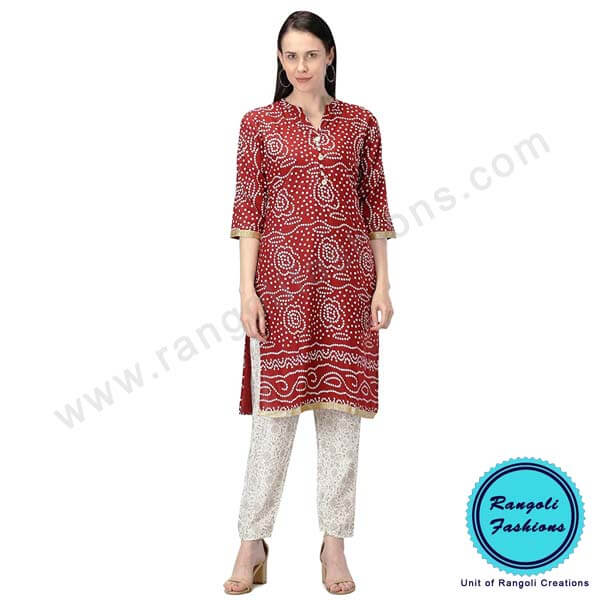 Bandhani Printed Cotton Kurti Red Maroon