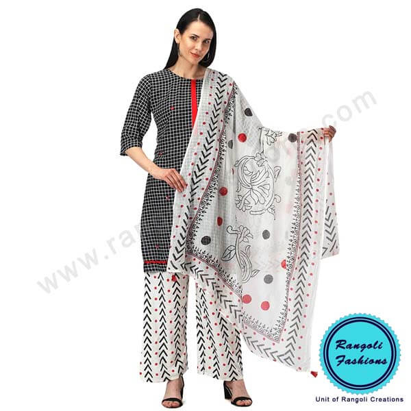 Black and White Cotton Printed Kurti Palazzo