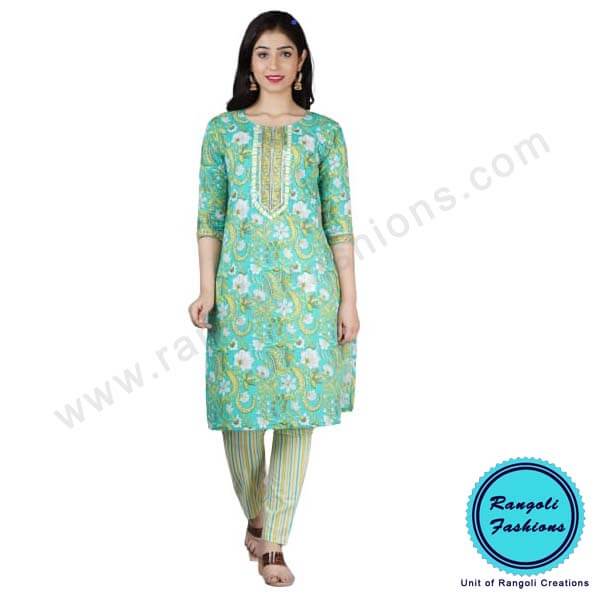 Printed Gottawork Kurti Pant Dupatta Set Green
